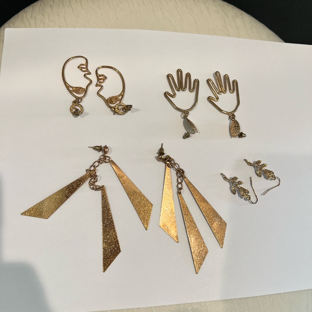 Gold toned Geometric and Artistic Earrings Set. 4 sets.